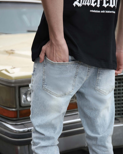 Light Wash Blue Layered and Ripped Baggy Jeans