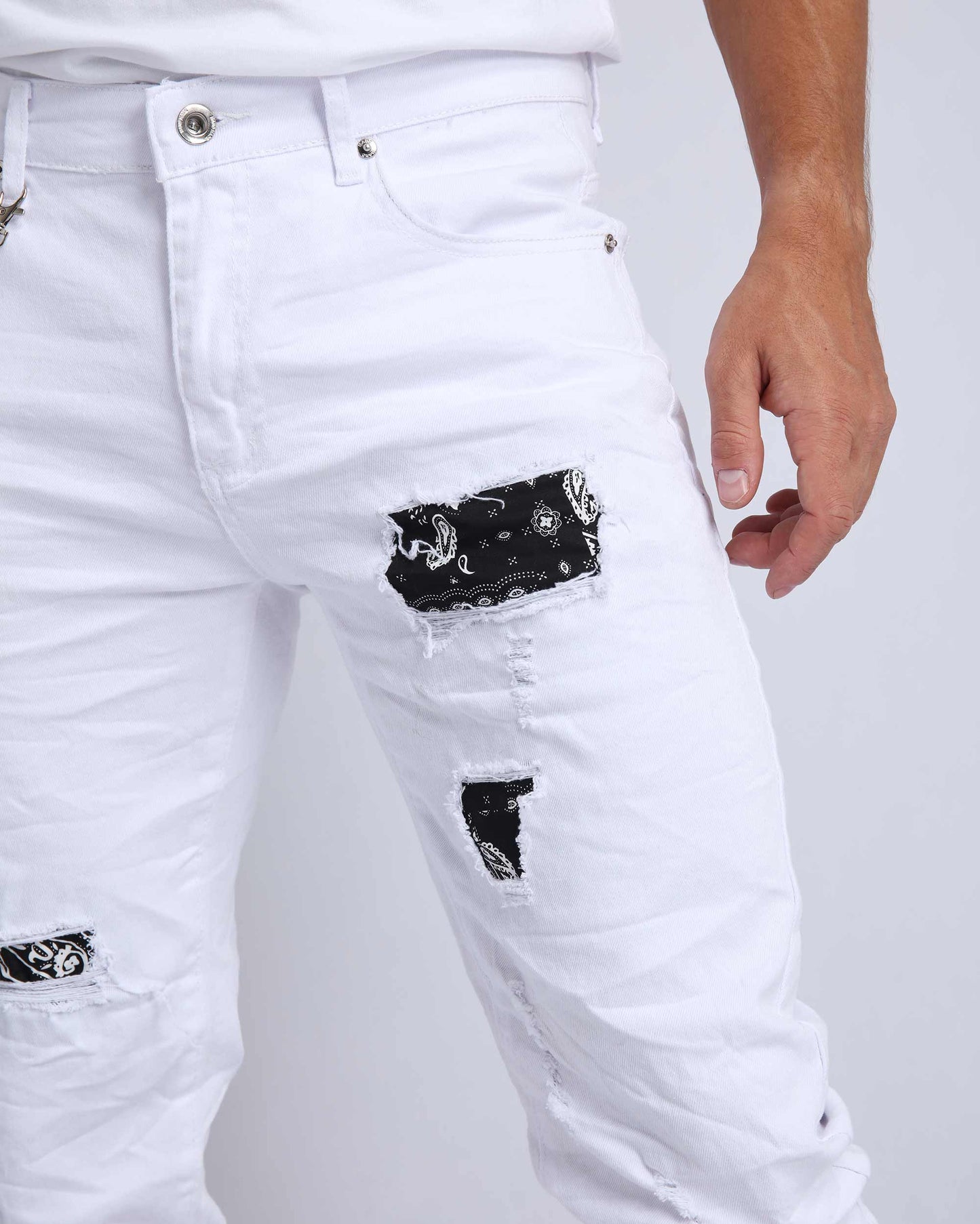 Graffiti Patch Slim Fit Ripped White Jeans