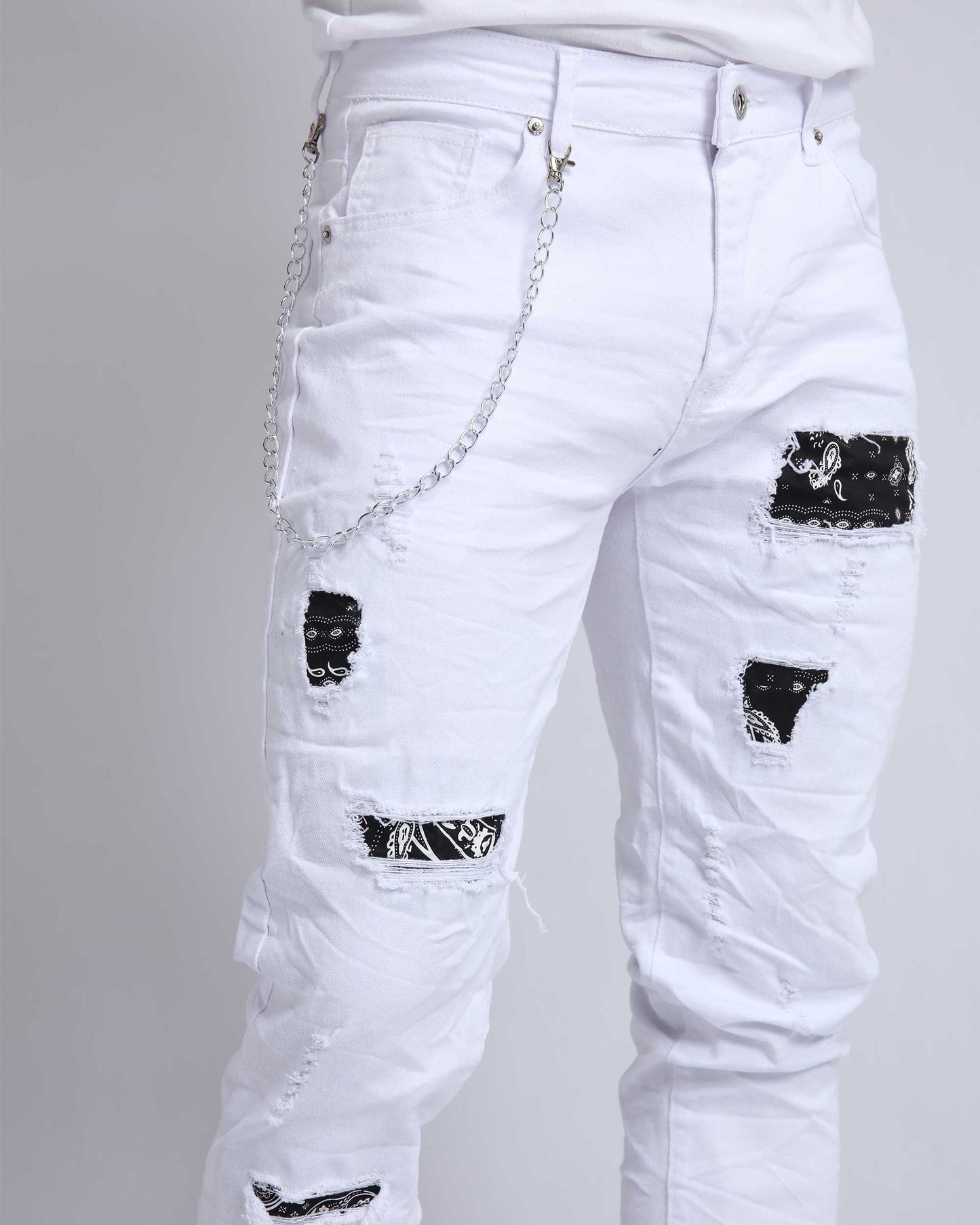 Graffiti Patch Slim Fit Ripped White Jeans