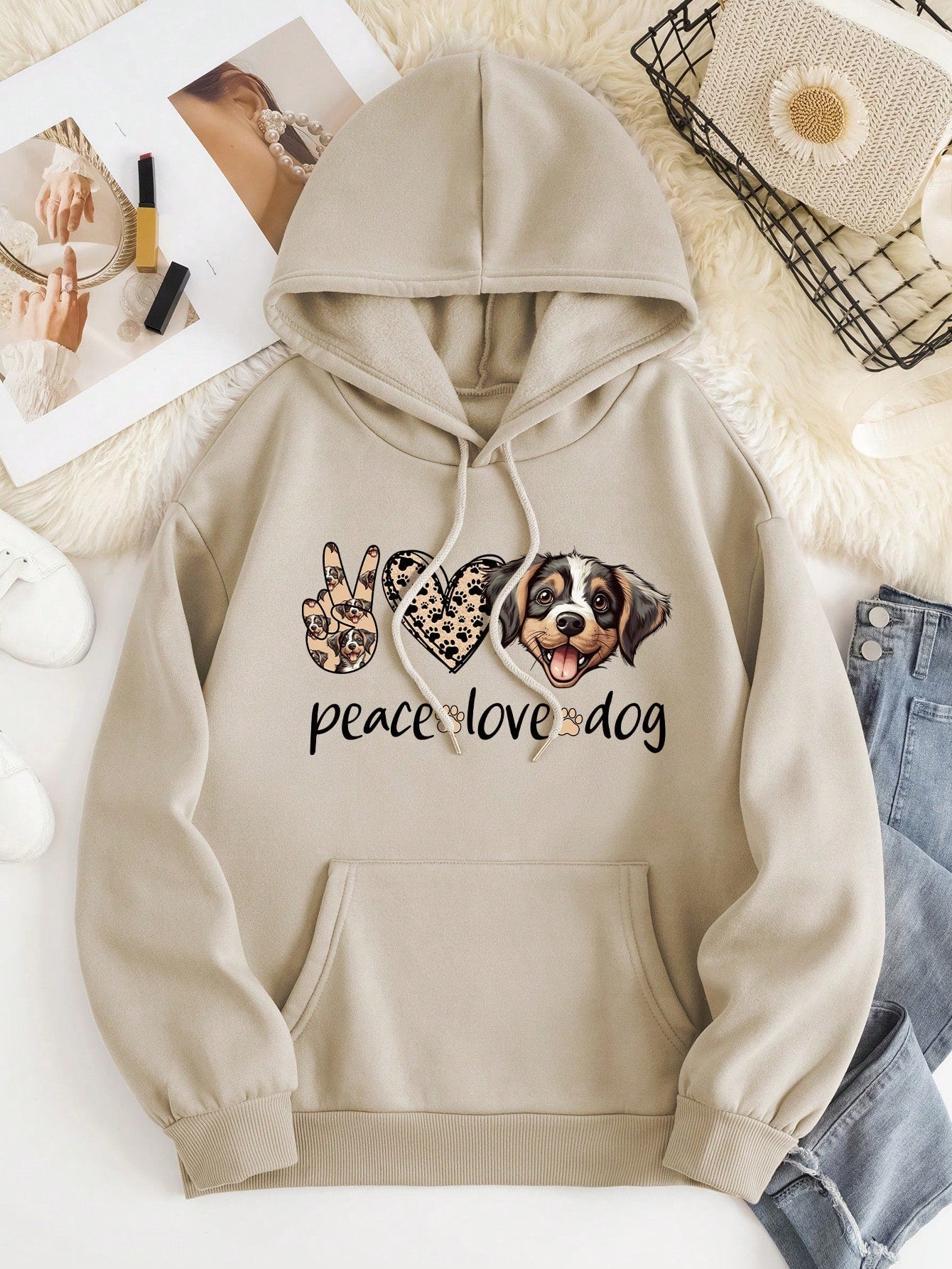 Peace, Love, Dog Graphic Kangaroo Pocket Drawstring Thermal Hoodie