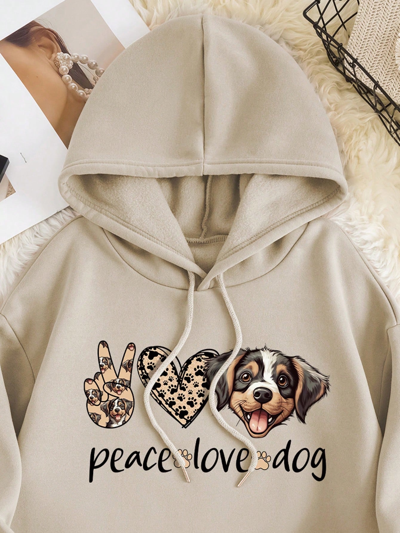 Peace, Love, Dog Graphic Kangaroo Pocket Drawstring Thermal Hoodie