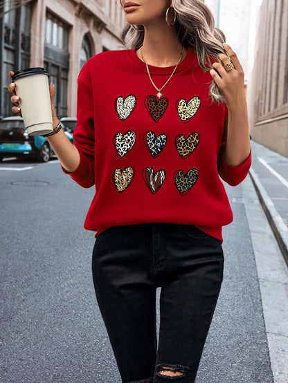 Leopard Heart Print Thermal Lined Sweatshirt