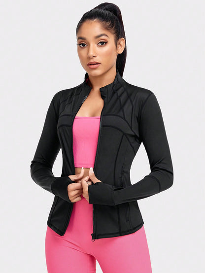 VUTRU Women's Sports Jacket With Double Pockets, Zip Pockets, Anti-Lost Band And Thumb Holes Compression Shirt