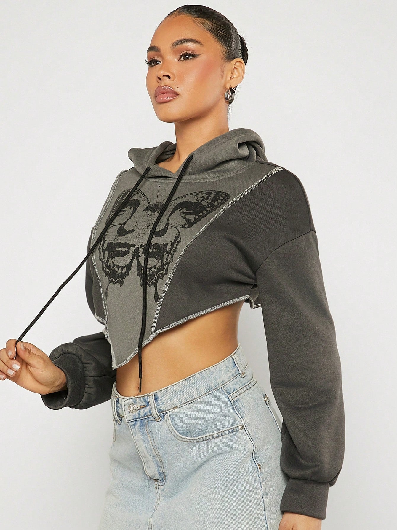 Color Block Cropped Graphic Hoodie