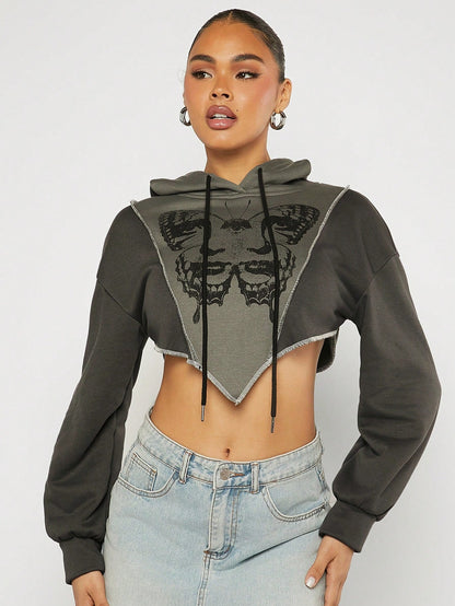 Color Block Cropped Graphic Hoodie