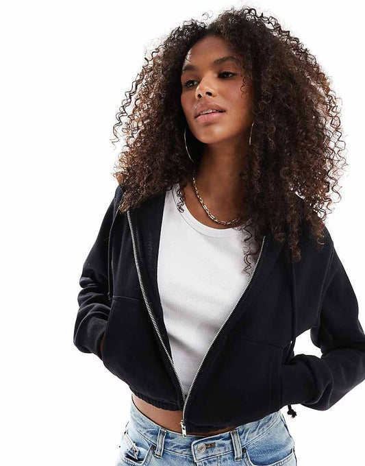 Pull & Bear cropped drawstring hoodie in black