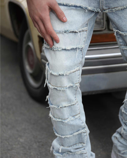 Light Wash Blue Layered and Ripped Baggy Jeans