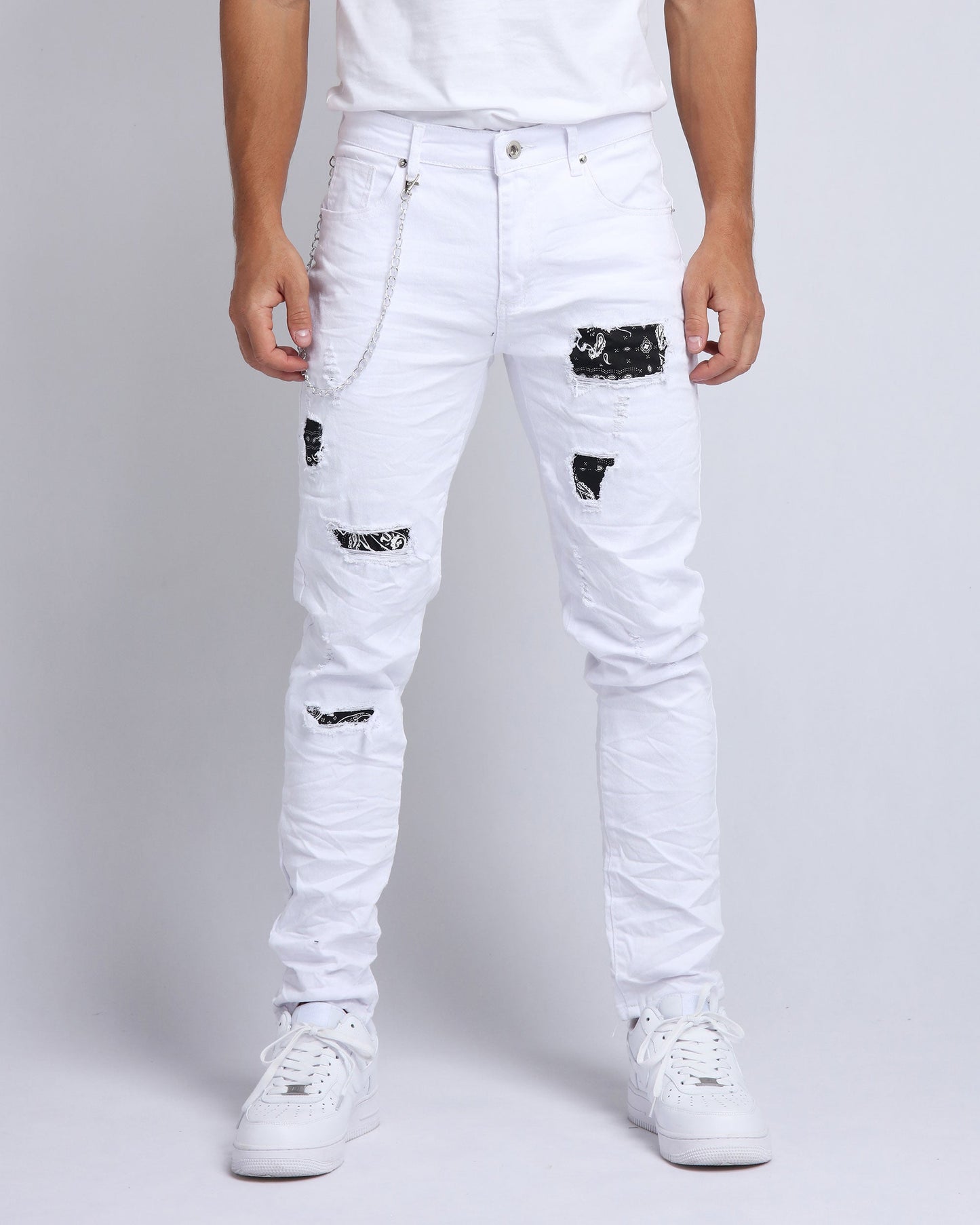 Graffiti Patch Slim Fit Ripped White Jeans