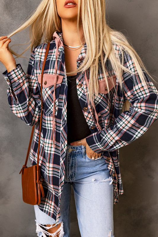 Hooded Drawstring Plaid Shacket