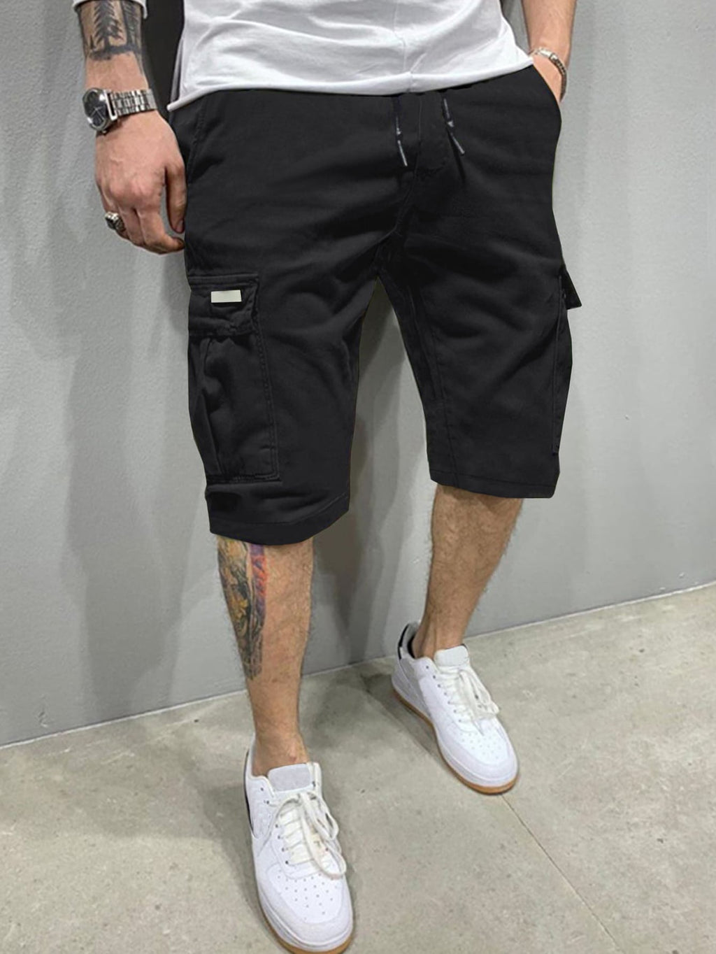 Men Flap Pockets Drawstring Cargo Shorts - 2306BLACK.COM