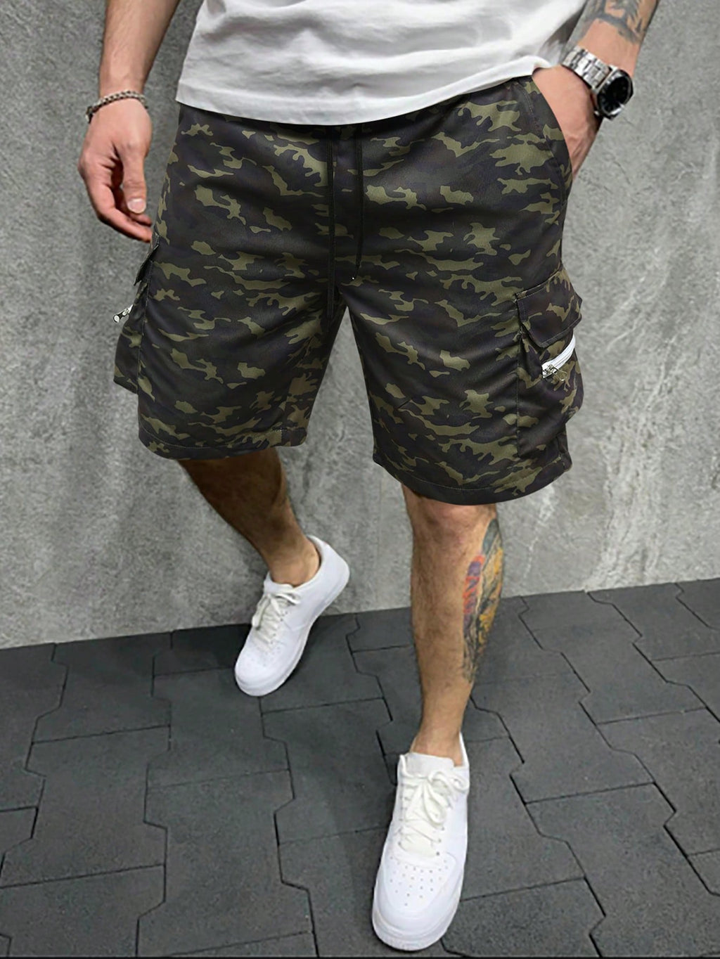 Men Camo Print Flap Pocket Cargo Shorts - 2306BLACK.COM